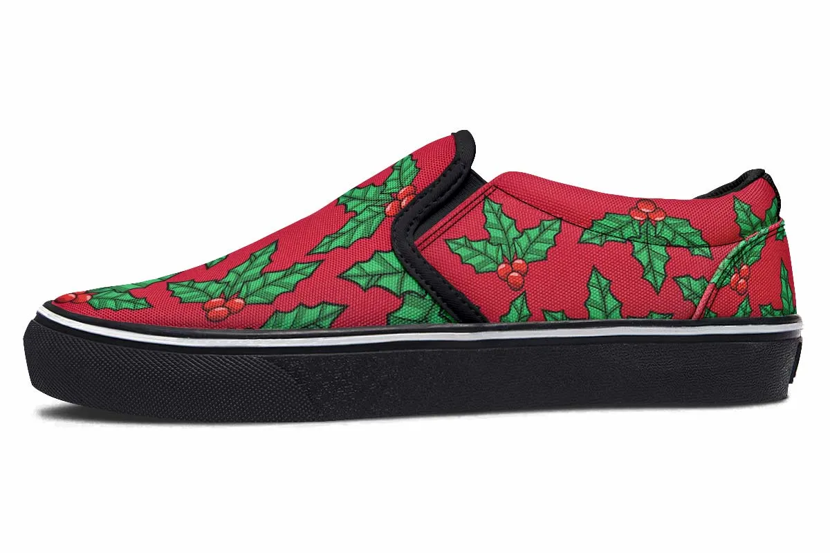 Red And Green Mistletoe Slip-On Shoes