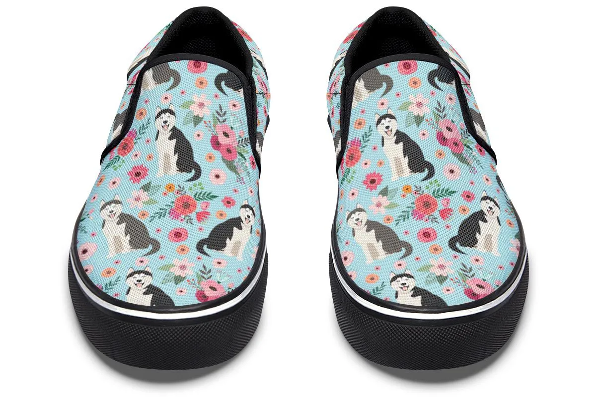 Siberian Husky Flower Slip-On Shoes