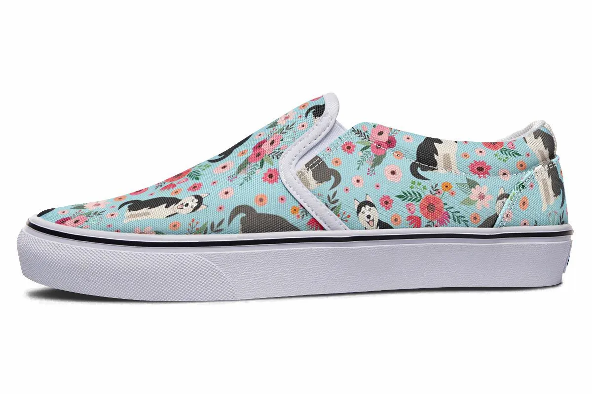 Siberian Husky Flower Slip-On Shoes