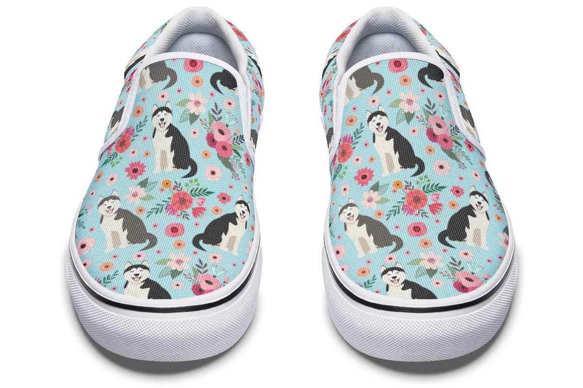 Siberian Husky Flower Slip-On Shoes