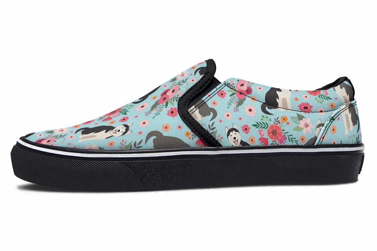 Siberian Husky Flower Slip-On Shoes