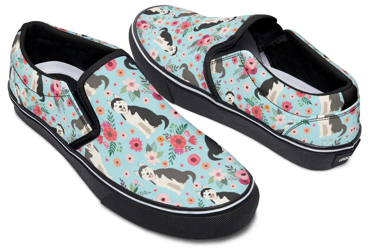 Siberian Husky Flower Slip-On Shoes