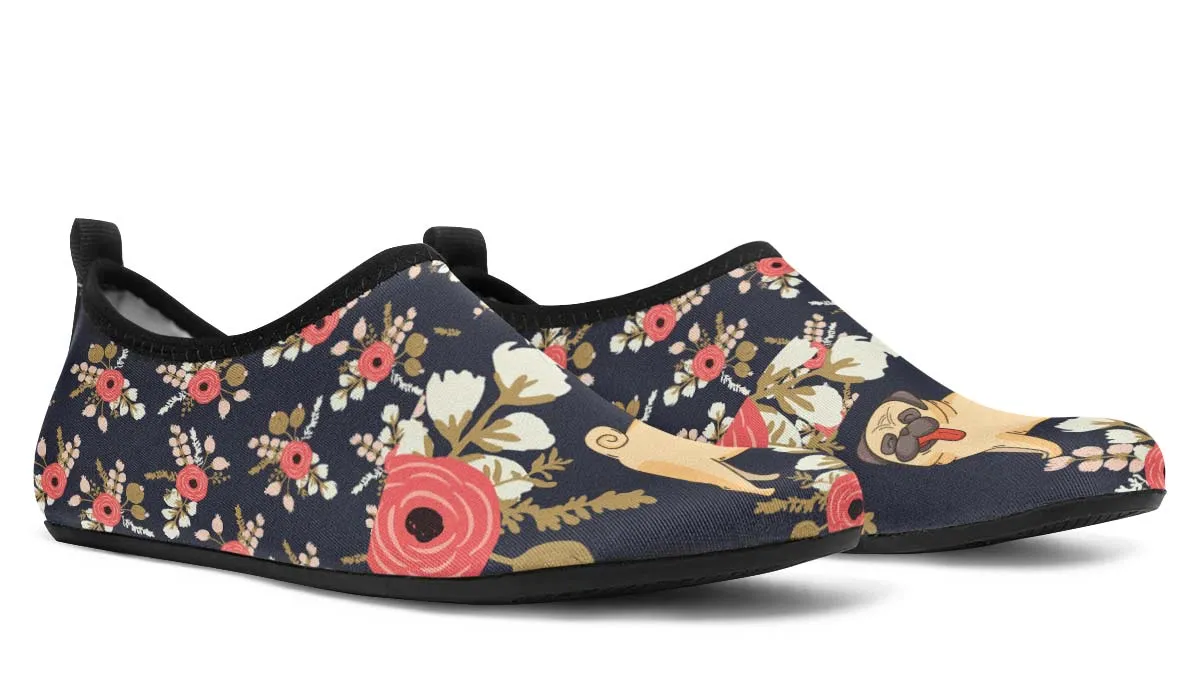 Silly Floral Pug Aqua Barefoot Shoes