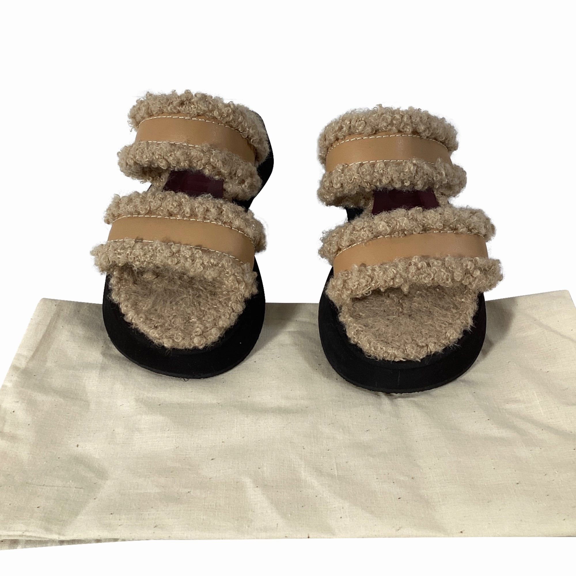 Staud Siesta Shearling Slide Sandals in Brown Leather
