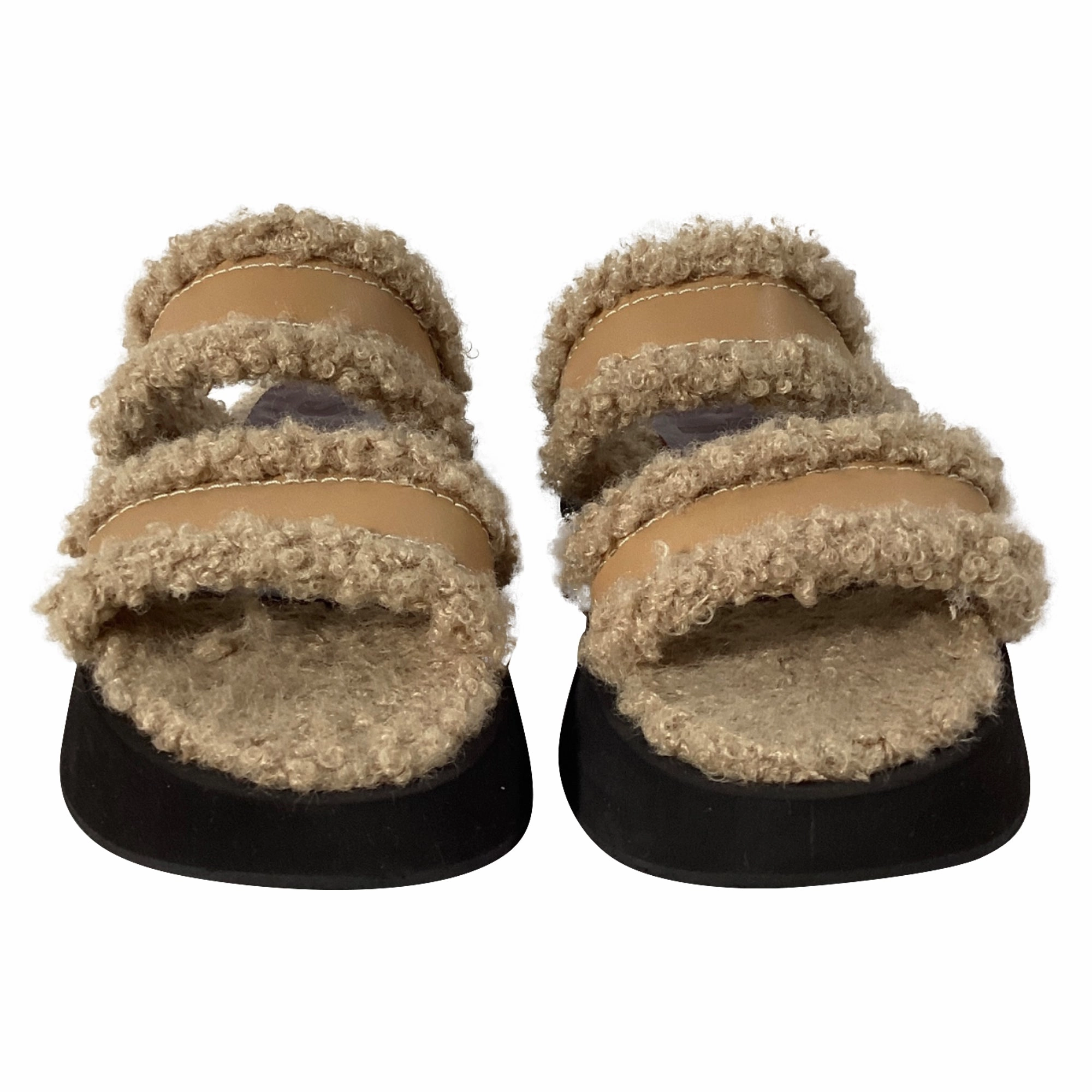 Staud Siesta Shearling Slide Sandals in Brown Leather