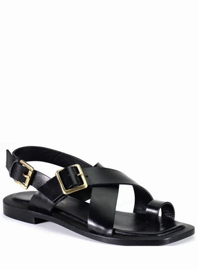 Women's Leather Toe Loop Flat Sandals In Black