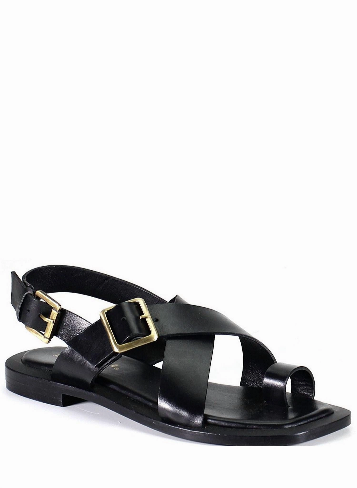 Women's Leather Toe Loop Flat Sandals In Black