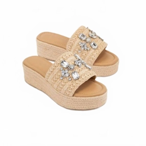 Women's Rhinestone Raffia Platform Sandals In Beige