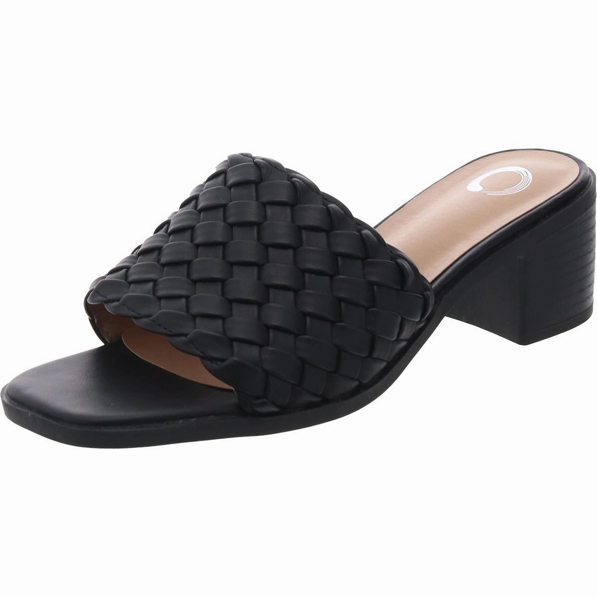 Womens Faux Leather Block Heel Slide Sandals