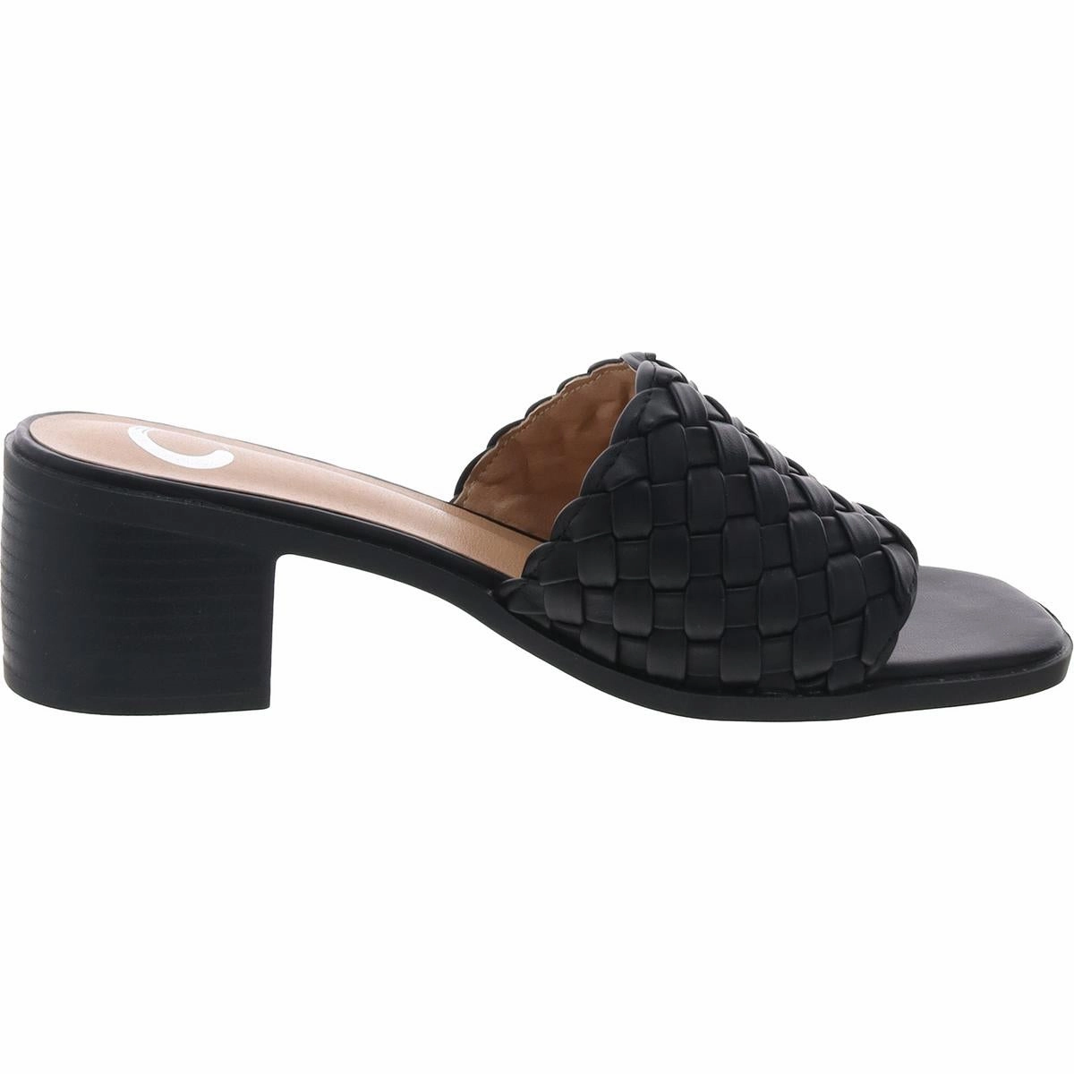 Womens Faux Leather Block Heel Slide Sandals