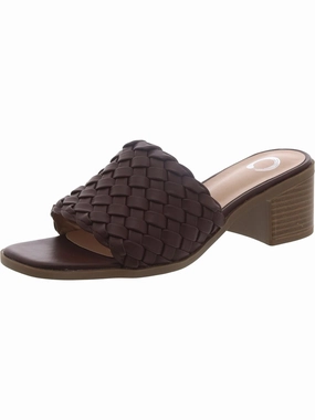 Womens Faux Leather Block Heel Slide Sandals