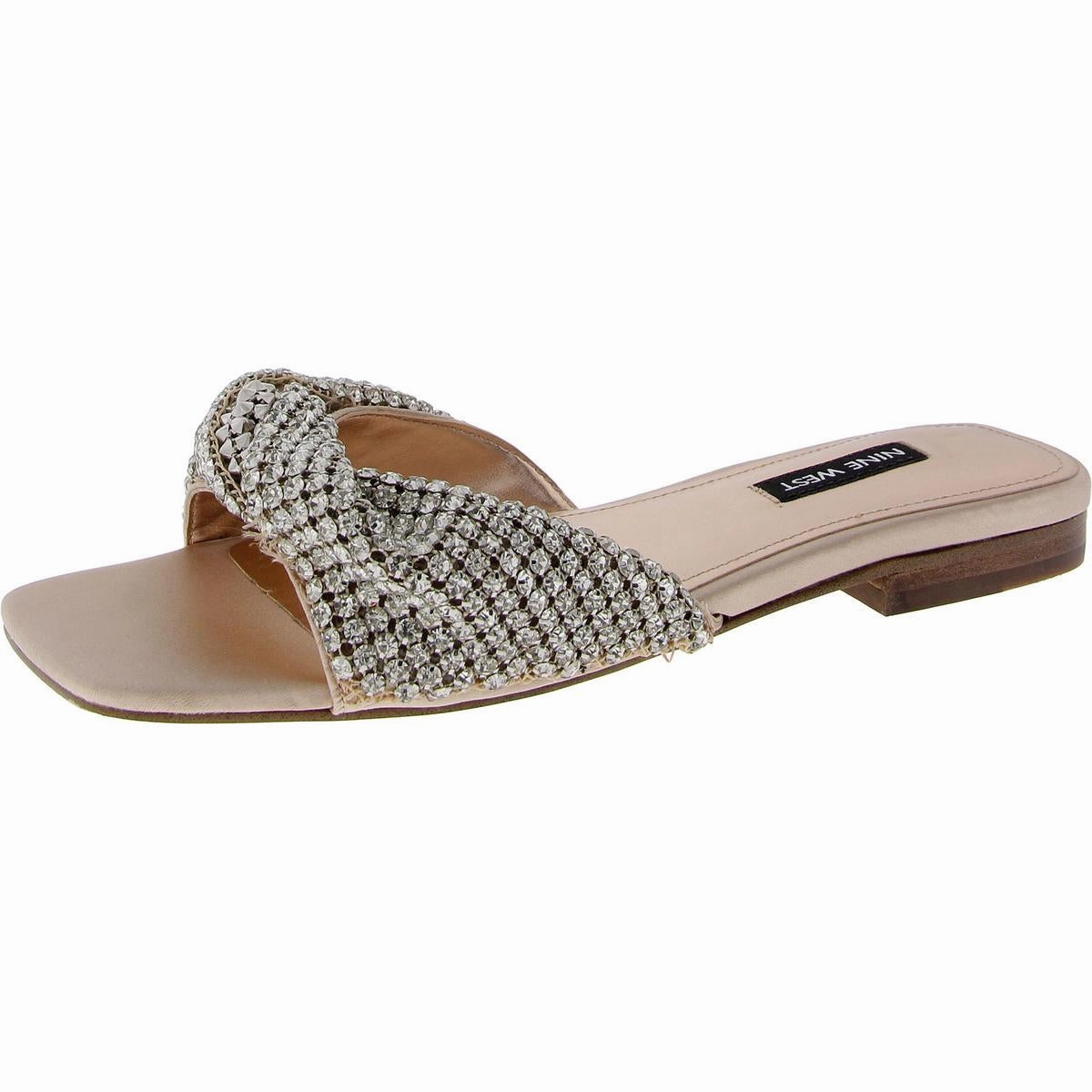 Womens Faux Leather Embellished Slide Sandals